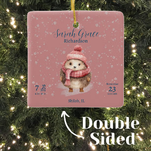 Cute Winter Hedgehog Baby Girl Birth Stats Details Ceramic Ornament