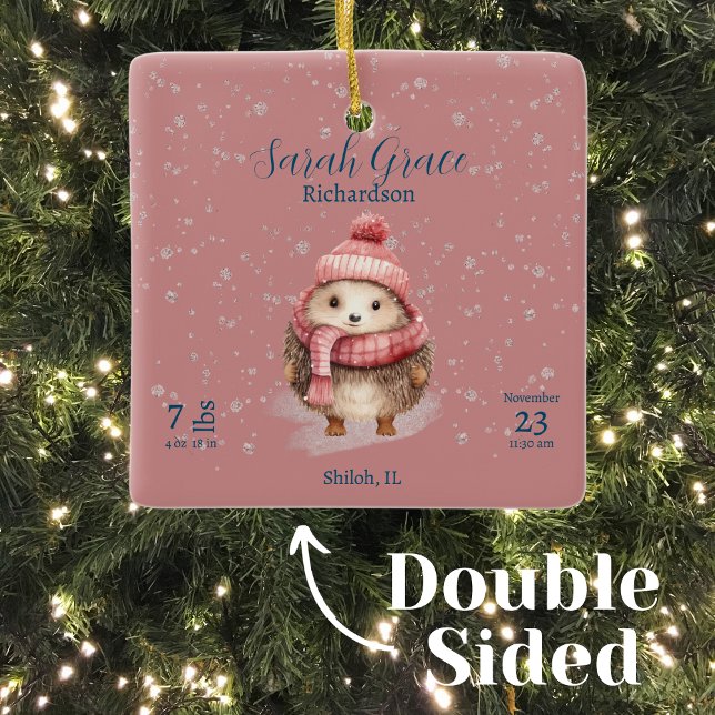 Cute Winter Hedgehog Baby Girl Birth Stats Details Ceramic Ornament (Creator Uploaded)