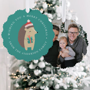 Cute Winter Hedgehog Photo Holiday Tree Decoration Card