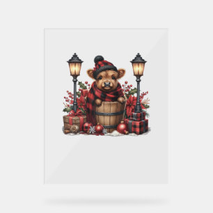 Cute Winter Highland Cow Red Plaid Lantern Christm Acrylic Sign
