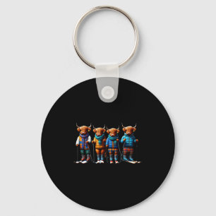 Cute winter highland cows plaid scarf skiing key ring