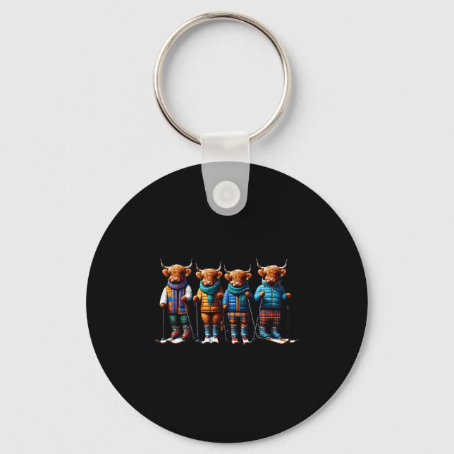 Cute winter highland cows plaid scarf skiing key ring (Front)