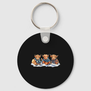Cute winter highland cows plaid scarf skiing key ring