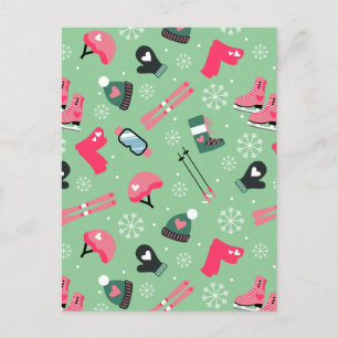 Cute Winter Holiday Sports Pattern Announcement Postcard