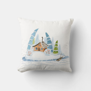 Cute winter house Christmas watercolor Cushion