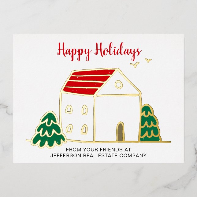 Cute Winter House Real Estate Corporate Business  Foil Holiday Postcard (Front)