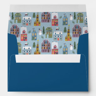 Cute Winter House Village Blue Christmas Pattern Envelope