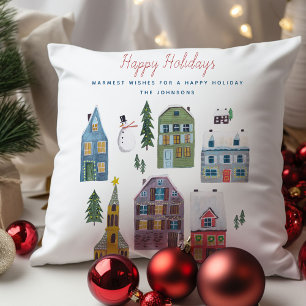 Cute Winter House Village Scene Christmas Cushion