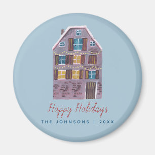 Cute Winter House Village Scene Christmas Magnet