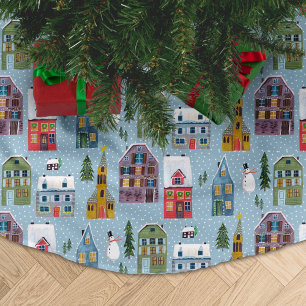 Cute Winter House Village Scene Christmas Pattern Brushed Polyester Tree Skirt