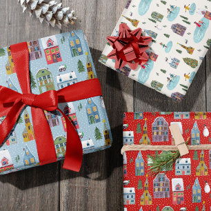 Cute winter Houses red & blue landscape snow  Wrapping Paper Sheet