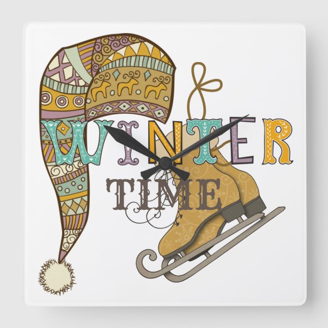 Cute winter ice skates knit stocking cap   square wall clock (Front)
