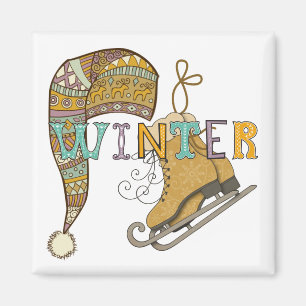 Cute winter ice skates knit stocking cap whimsical magnet