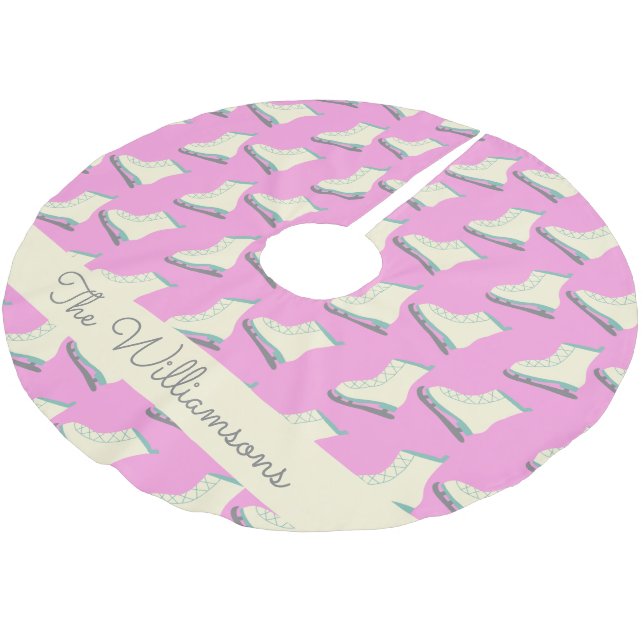 Cute Winter Ice Skates Pattern Pink Personalised  Brushed Polyester Tree Skirt (Angled)