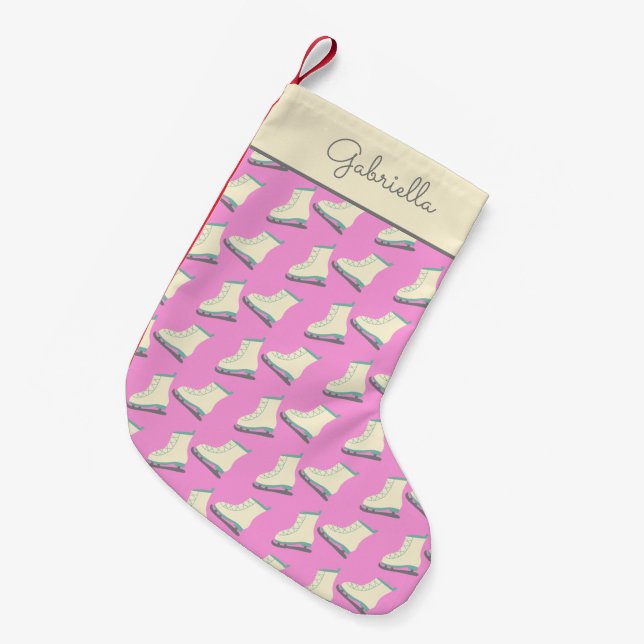 Cute Winter Ice Skates Pattern Pink Personalised Small Christmas Stocking (Front (Hanging))