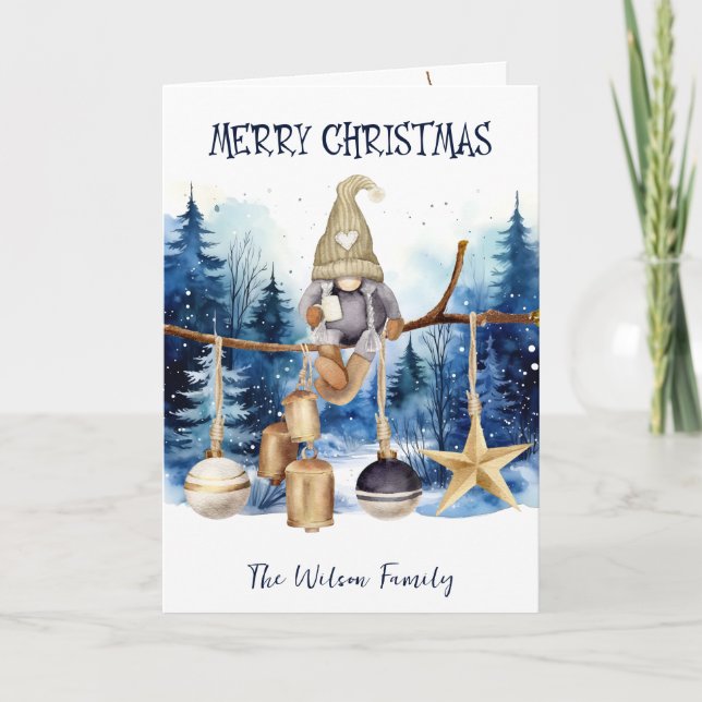 Cute Winter Lady Gnome Blue Forest Merry Christmas Holiday Card (Front)