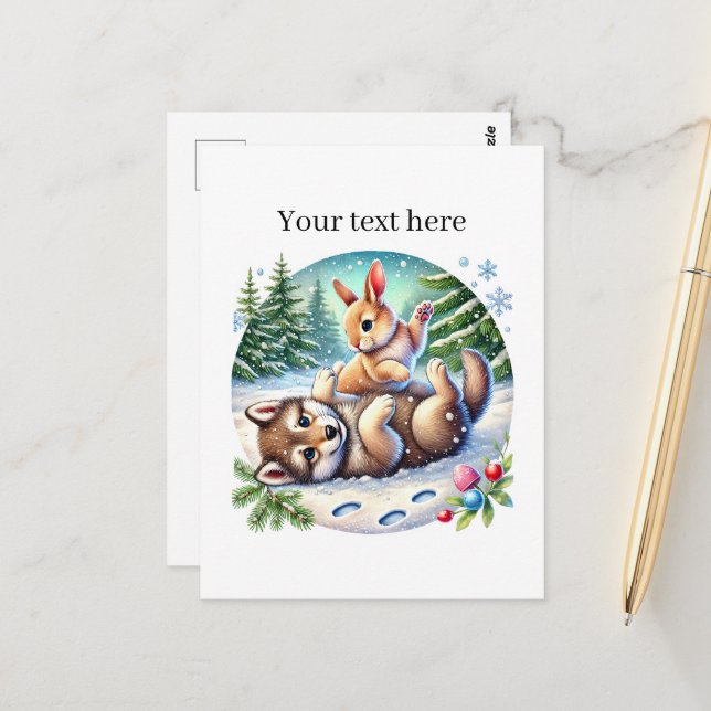 Cute Winter mixed animals wolf rabbit customisable Postcard (Front/Back In Situ)
