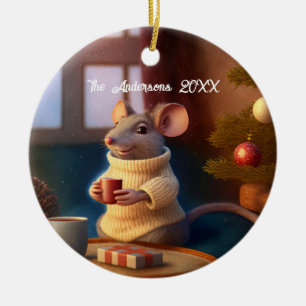 Cute Winter Mouse Drinking a tea Ceramic Tree Decoration