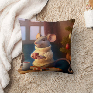 Cute Winter Mouse Drinking a tea Cushion
