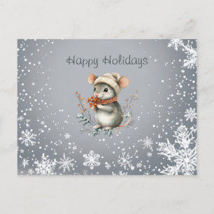 Cute Winter Mouse with Berries Holiday Postcard