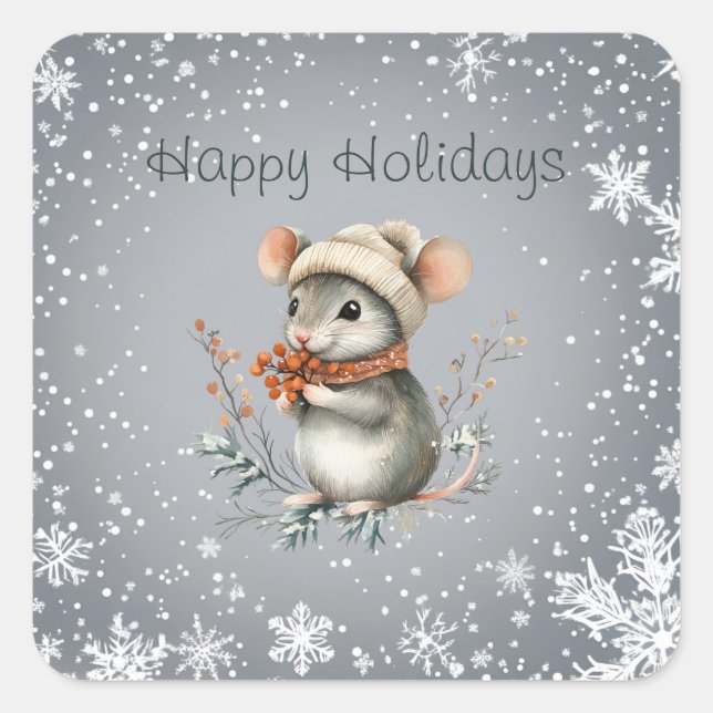 Cute Winter Mouse with Berries Square Sticker (Front)