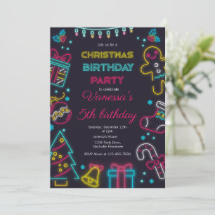 Cute Winter Neon Christmas Birthday Party Invitation