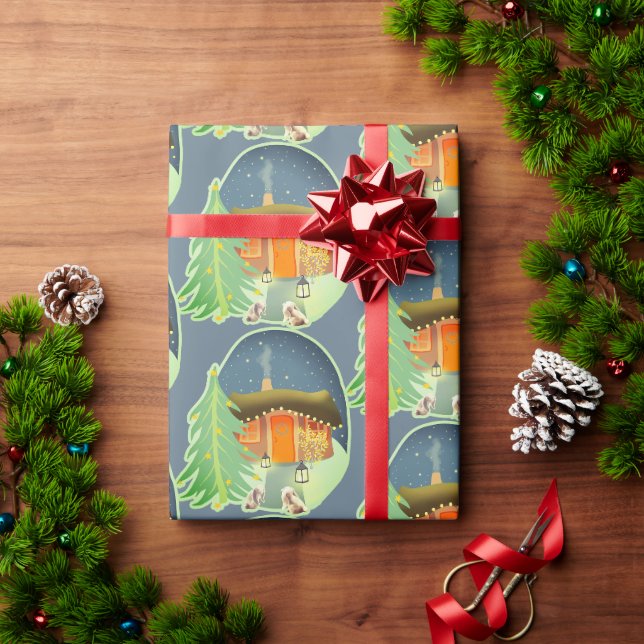 Cute Winter Night Cottage Scene Wrapping Paper (Holiday Gift)