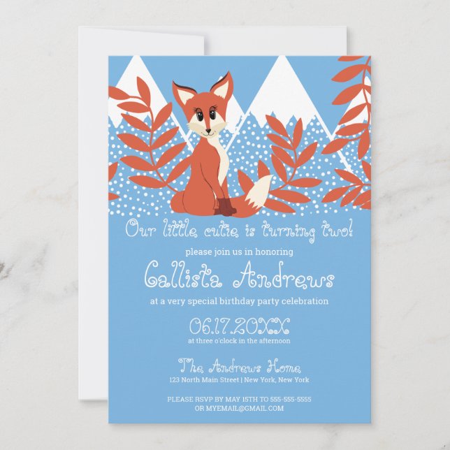 Cute Winter Orange Fox Mountains Leaf Birthday Invitation (Front)