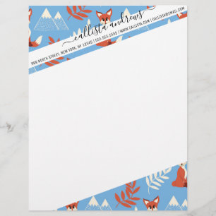 Cute Winter Orange Fox Mountains Leaf Pattern Custom Letterhead