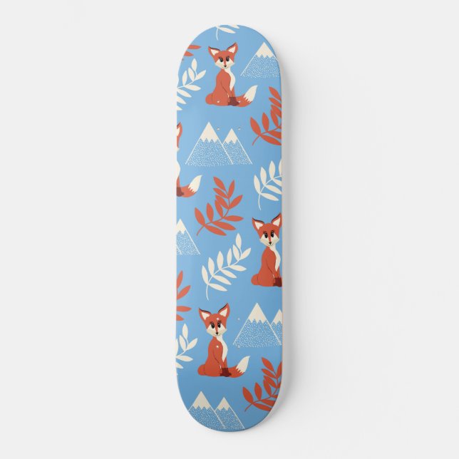 Cute Winter Orange Fox Mountains Leaf Pattern Skateboard (Front)