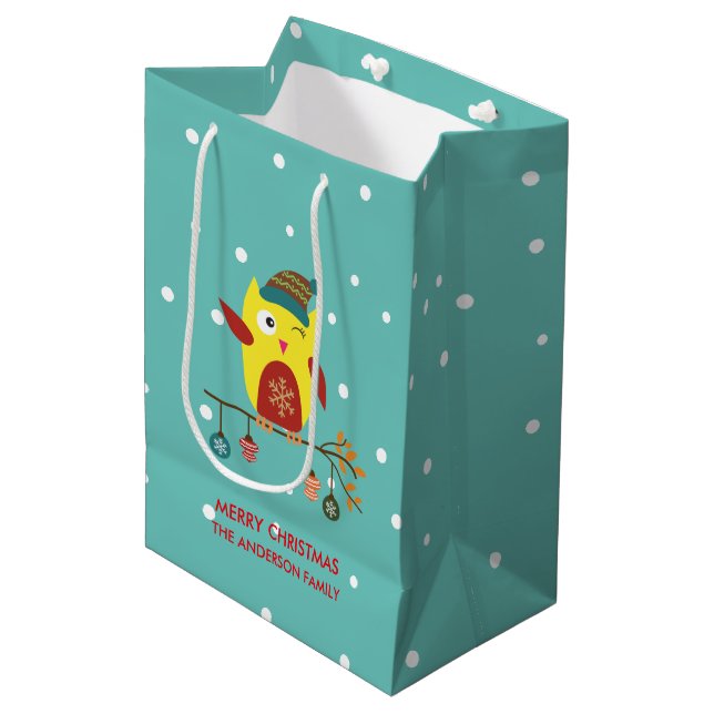 Cute Winter Owl Christmas Illustration Medium Gift Bag (Front Angled)
