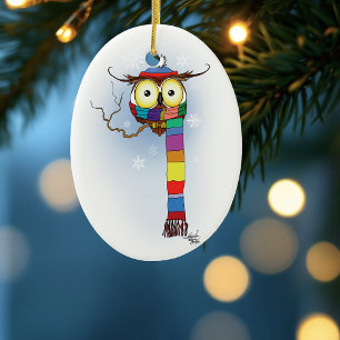Cute Winter Owl Rainbow Scarf Hat Whimsical Snow Ceramic Tree Decoration