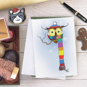 Cute Winter Owl Rainbow Scarf Hat Whimsical Snow Holiday Card