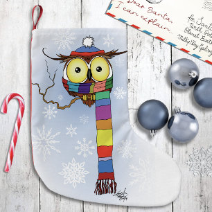 Cute Winter Owl Rainbow Scarf Hat Whimsical Snow Small Christmas Stocking