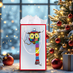 Cute Winter Owl Rainbow Scarf Hat Whimsical Snow Small Gift Bag