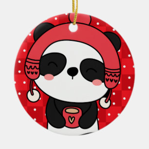 Cute Winter Panda Hand Drawn Ceramic Tree Decoration