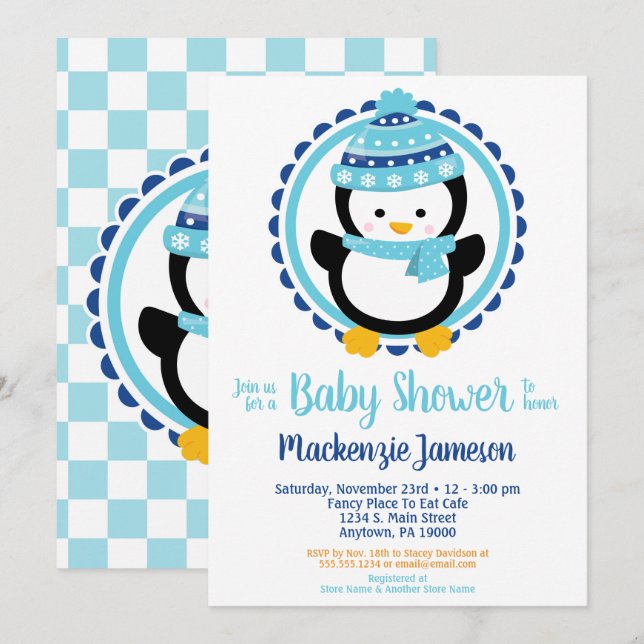 Cute Winter Penguin Baby Shower Invitation (Front/Back)