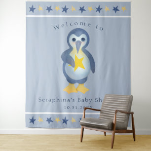 Cute Winter Penguin Baby Shower Party Backdrop Tapestry