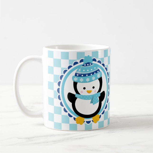 Cute Winter Penguin - Blue Turquoise Coffee Mug (Left)
