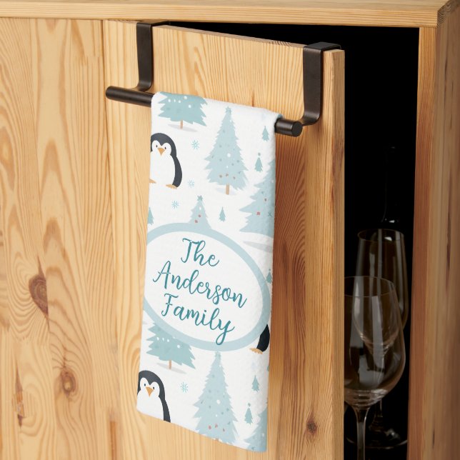 Cute Winter Penguin Christmas Blue Tea Towel (Thirds Fold)