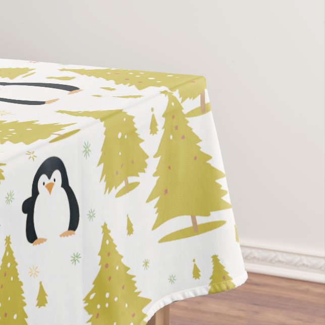 Cute Winter Penguin Christmas Gold Tablecloth (In Situ)