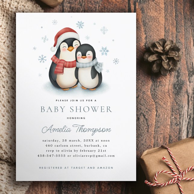 Cute Winter Penguin Family Christmas Baby Shower Invitation (Creator Uploaded)