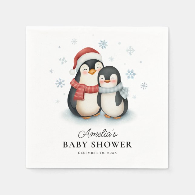 Cute Winter Penguin Family Christmas Baby Shower Napkin (Front)