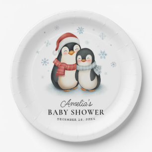 Cute Winter Penguin Family Christmas Baby Shower Paper Plate