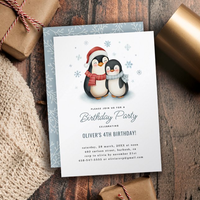 Cute Winter Penguin Family Kids Birthday Invitation (Creator Uploaded)