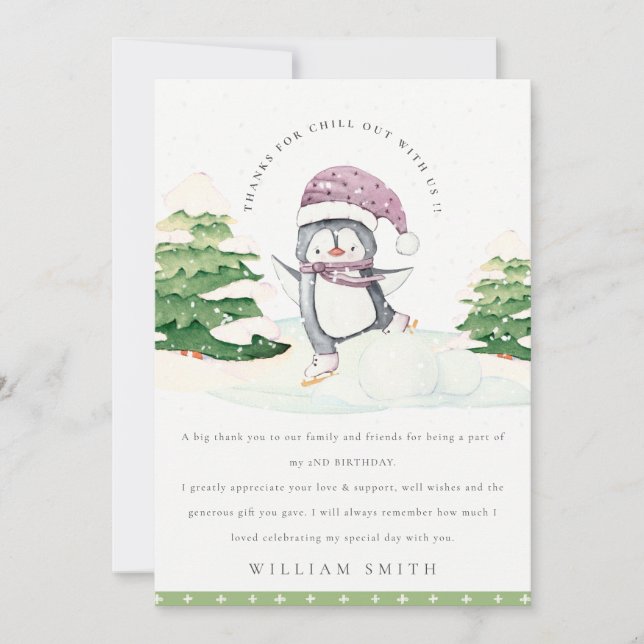Cute Winter Penguin Green Kids Any Age Birthday Thank You Card (Front)