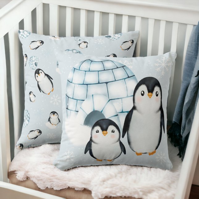 Cute winter penguin igloos snow illustration cushion (Cute winter penguin igloos snow illustration throw pillow)