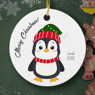 Cute Winter Penguin Personalised Kids Christmas Ceramic Tree Decoration