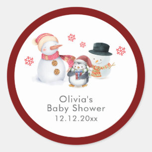Cute Winter Penguin Snowman Baby Shower Classic Round Sticker