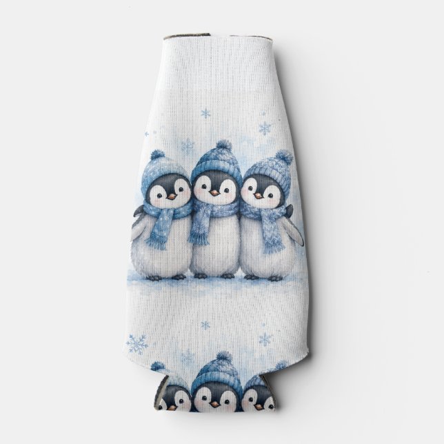 Cute Winter Penguin Trio Can Cooler | Adorable Blu (Front)